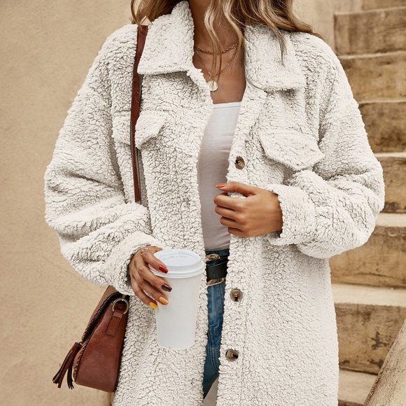 Beige Preppy Womens Drop Shoulder Flap Detail Teddy Coat - Picture 4 of 5